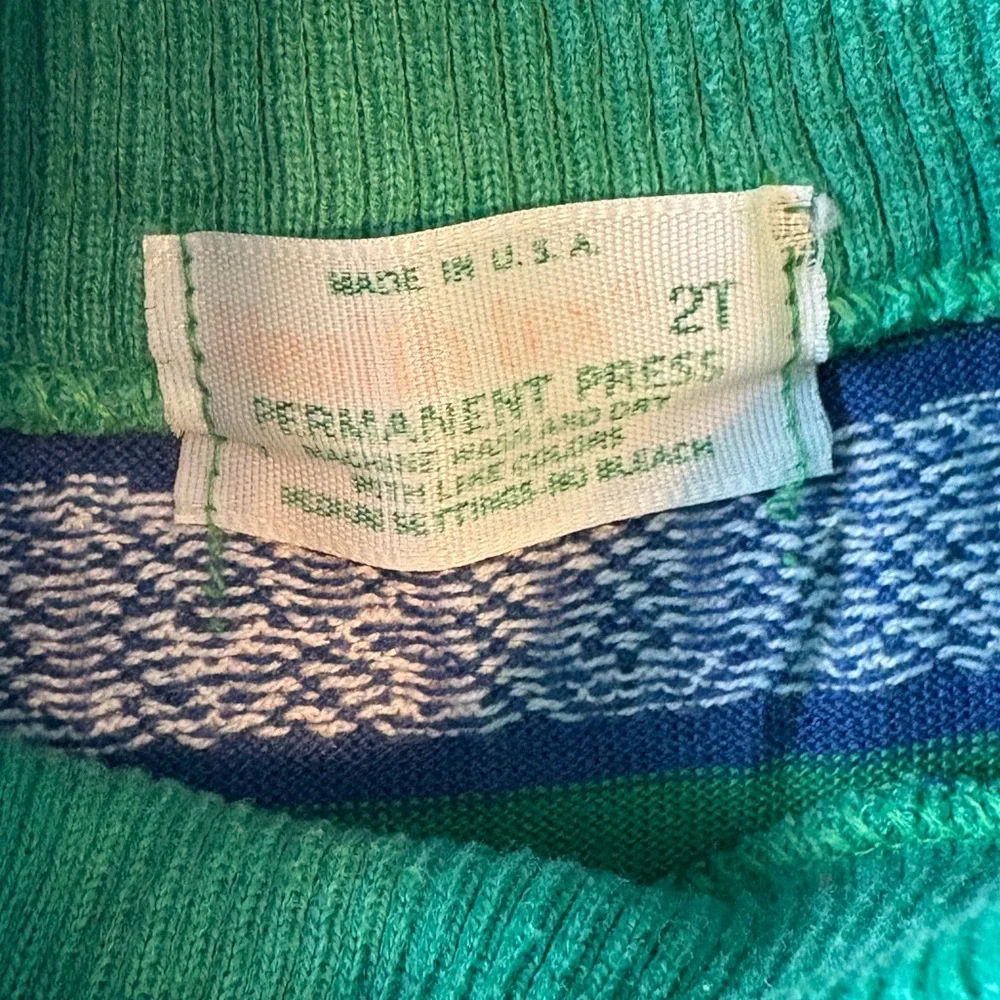 Vintage Healthtex Toddler Turtleneck, Green Blue Stripes. Size 2T. Made in USA
